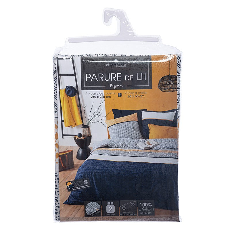 Parure De Lit Rayures Bleu/blanc/moutarde 240x220 Atmosphera